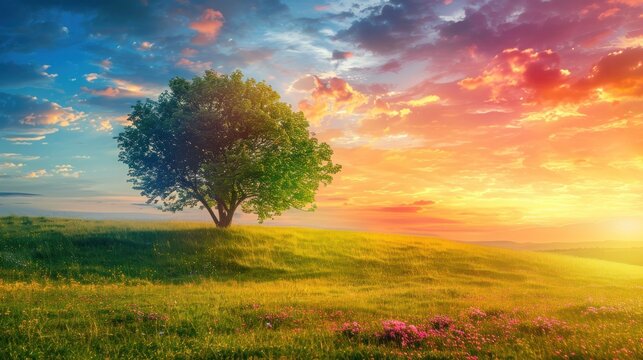 Beautiful tree in grassy field with sunset background. generative AI image
