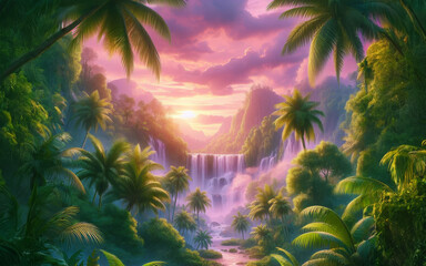 Cascade waterfall in lush jungle landscape, beautiful purple sunset. Palms, tropical leaves, flowing stream in sunset colors. Background illustration