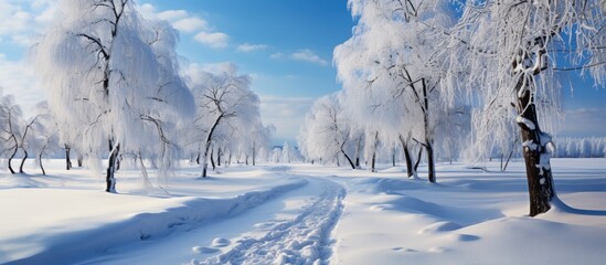 Beautiful winter landscape with snow-covered trees in the park.