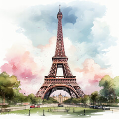 Watercolor Eiffel tower, clipart Illustration, Generative Ai