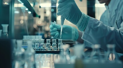Group of dedicated scientist conduct chemical experiment in medical laboratory, carefully drop precise amount of liquid from pipette into test tube for vaccine drug or antibiotic development. Neoteric
