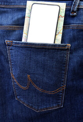 paper map and white blank mock up on screen of mobile Cell Phone In Back jeans Pocket. mockup. template mock-up.