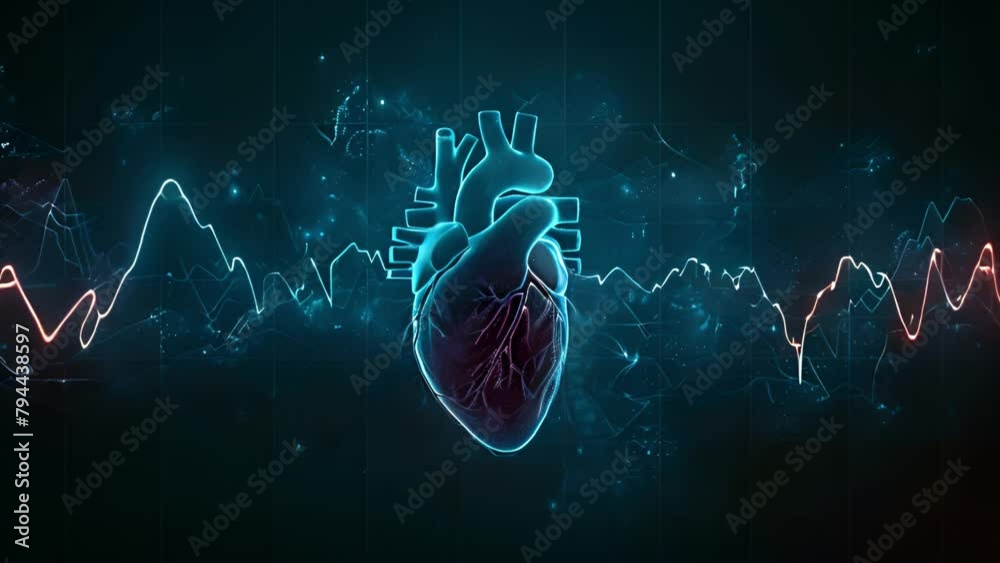 Poster digital illustration of a human heart with ecg lines on a dark background