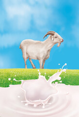 illustration des chèvres et mouton dans la prairie avec un giclé de lait-