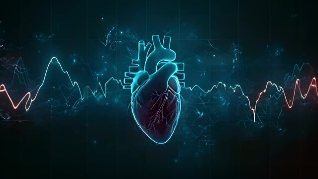 Digital Illustration of a Human Heart With ECG Lines on a Dark Background