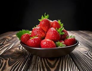 Fresh red strawberries in a bowl on wooden background. Fruits and summer berries illustration