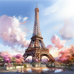 Fototapeta premium Watercolor Eiffel tower, clipart Illustration, Generative Ai