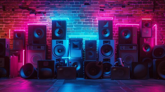Neon Glow Retro Speakers Vintage Brick Wall Vibe