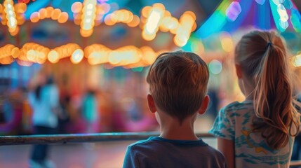 Obraz premium CHILDREN ON THEIR BACKS in an amusement park out of focus at night in high resolution