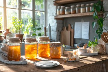 Amber kombucha in glass jars in a cozy kitchen with natural light, surrounded by housewares and fresh herbs - perfect for healthy lifestyle articles - 794439746