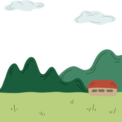 풀밭과 산을 배경으로 시골집이 있는 풍경