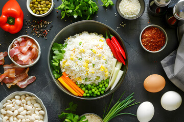 Intricate Presentation of Ingredients for a Vibrant Asian Rice Dish Recipe