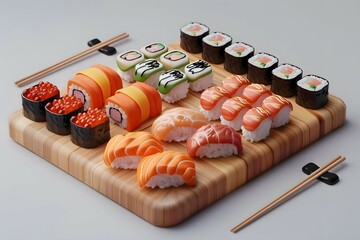 Sushi set in 3D style. Japanese food. Dishes with rice