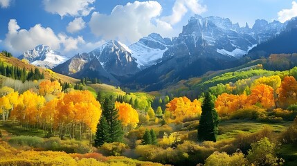 Beautiful scenery of high rocky mountains surrounded by green and yellow trees Related tags