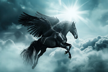 A black horse with wings flying through the sky