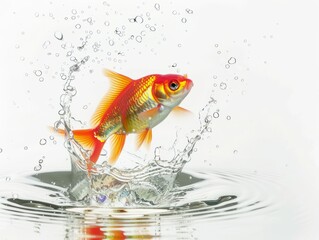 Goldfish in water with bubbles on blue background. Copy space.