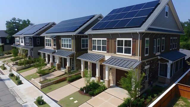 Image of suburban homes with solar panels showcasing impact of government incentives. Concept Suburban Homes, Solar Panels, Government Incentives, Eco-Friendly Living