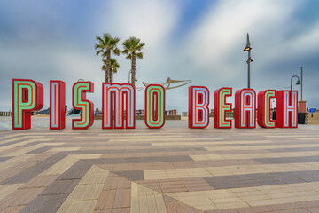 Pismo Beach Pier plaza. The large light-up letters, landmark of Pismo Beach city, California - 794441977