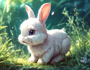 Ilustracja małego białego królika w trawie - obrazy, fototapety, plakaty