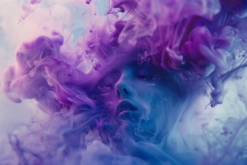 Woman submerged in colorful ink clouds underwater. Woman abstract portrait