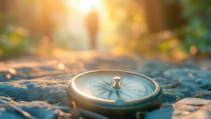 Iron vintage compass lies on rocks among forest and plants and reflects sunlight from glass, navigation in tourism and travel. Finding a Life Path and Motivation