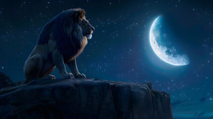 Cinematic lion sitting on rock with a crescent moon scene hd wallpaper