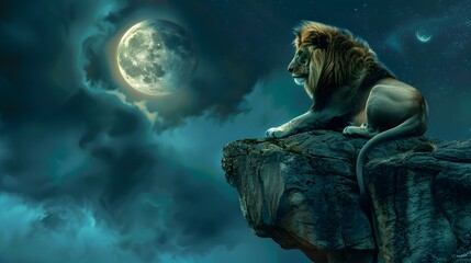 Cinematic lion sitting on rock with a crescent moon scene hd wallpaper