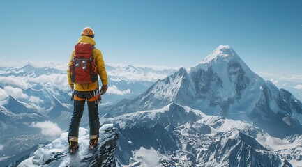 a mountain climber standing on a snowy mountain peak enjoying nature