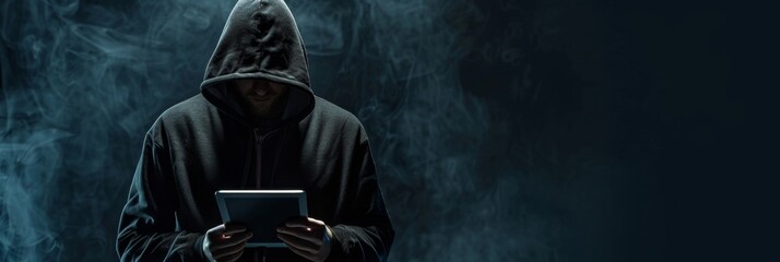 A hacker in a black hoodie with the hood up holding a tablet computer isolated on a dark background, in the style of copy space concept Generative AI - obrazy, fototapety, plakaty