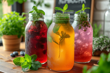 Colorful summer mint drinks in glass jars on a wooden background surrounded by fresh greenery - refreshing detox waters - 794443524
