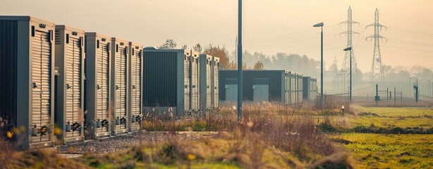 Row of modern white containers along the side of an open field with high voltage power lines in the background at sunset - obrazy, fototapety, plakaty