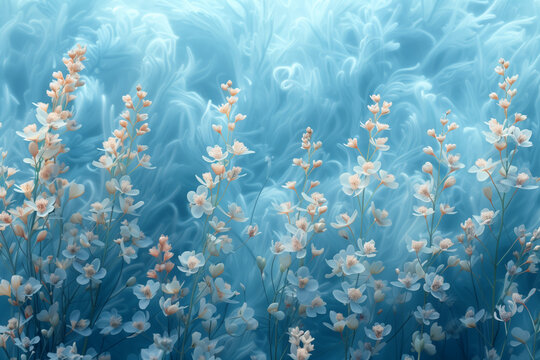 White delicate fantasy flowers on blue background, floral 8k wallpaper