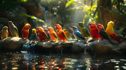 A colorful array of tropical birds gathered around a natural freshwater spring, their feathers glistening in the sunlight hd 8k wallpaper  