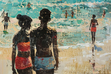 Summer Encaustic Painting: A Diverse Group of Beachgoers under the Sun