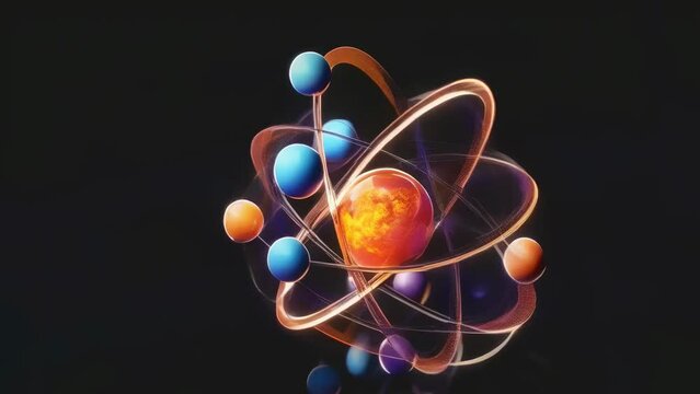 An artistic depiction of a model of an atom with spinning electrons shows a harmonious blend of science and art glowing against a dark background. Asronomy and scientific physics experiments