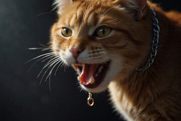 Red cat smiles and shows teeth