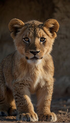 Obraz premium A little lion cub walks through the desert