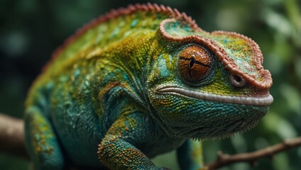 Fototapeta premium Green chameleon closeup in natural environment. Generative AI