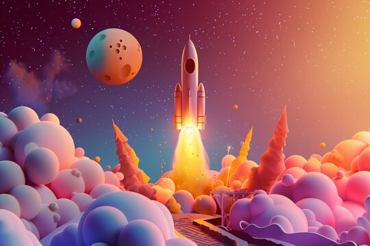 Experience the thrill of space exploration with a dynamic 3D rendering of a rocket launching into the cosmos