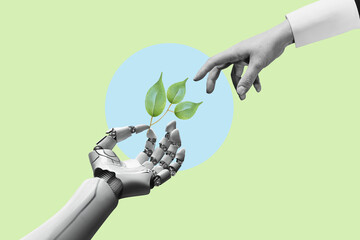  White cyborg robotic hand holding green plant with his finger. Ecology technology concept. Flat design art.