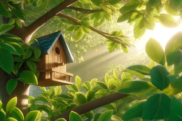 Wooden birdhouse on a tree in the farm park zone. Simple birdhouse design. Shelter for bird breeding, nesting box on a tree. birdhouse on the branches of a leafy tree on a sunny day