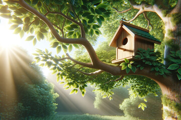 Wooden birdhouse on a tree in the farm park zone. Simple birdhouse design. Shelter for bird breeding, nesting box on a tree. birdhouse on the branches of a leafy tree on a sunny day