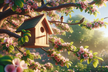 Wooden birdhouse on a tree in the farm park zone. Simple birdhouse design. Shelter for bird breeding, nesting box on a tree. birdhouse on the branches of a leafy tree on a sunny day