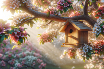 Wooden birdhouse on a tree in the farm park zone. Simple birdhouse design. Shelter for bird breeding, nesting box on a tree. birdhouse on the branches of a leafy tree on a sunny day