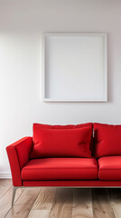 A modern living room exudes elegance with its minimalist design, featuring a striking red sofa and an empty white frame ready to showcase art or photography.