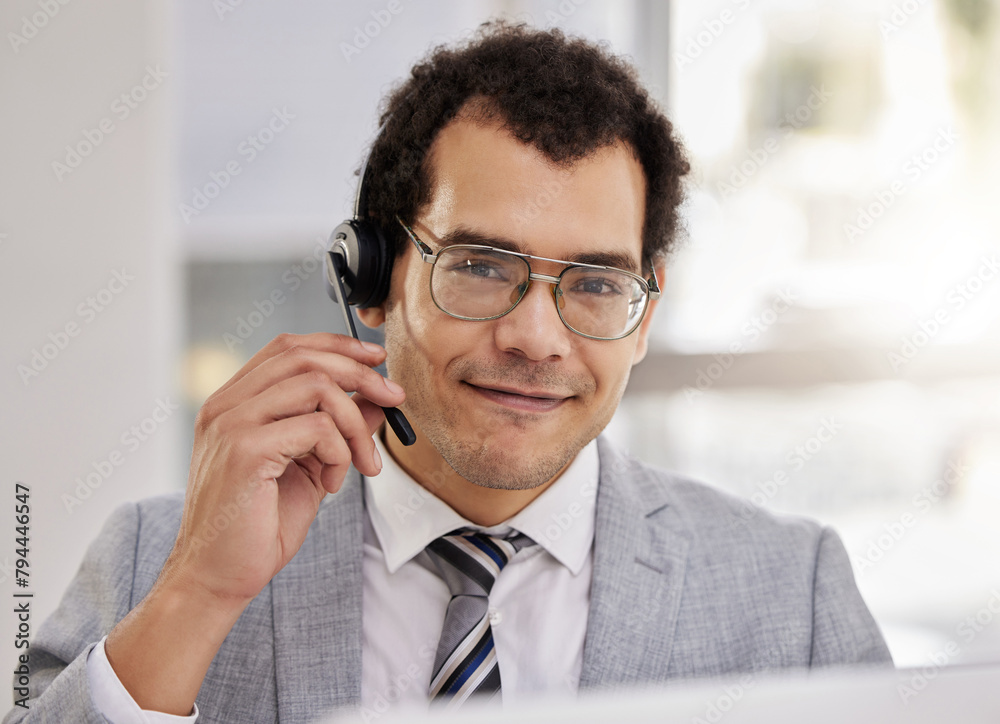 Aufkleber Agent, portrait and online technical support in call center with man at computer to help or chat. Happy, consultant and contact us for telecom customer care, advice or virtual feedback with tech