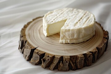 Soft Camembert Cheese on Rustic Wooden Cross Section against Silk Background - obrazy, fototapety, plakaty