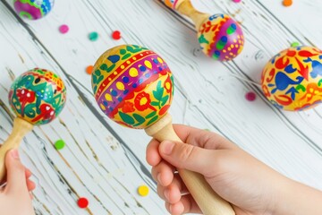 Colorful hand-painted maracas held against a backdrop with vibrant paper confetti