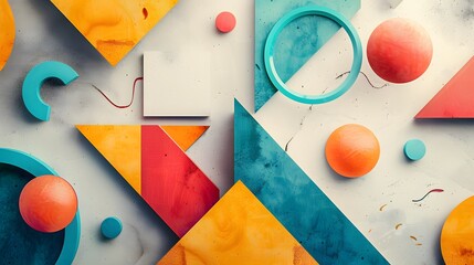 Create a 4K image showcasing a minimalist geometric composition with vibrant triangles, circles, and squares, floating in an empty space, evoking a sense of modernity and simplicity - obrazy, fototapety, plakaty