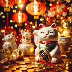 Traditional Chinese lucky cat made of porcelain with body painted with vibrant colors
